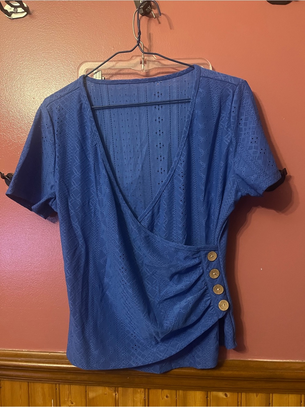 Women’s Blue Wrap-Style Short Sleeve Top
